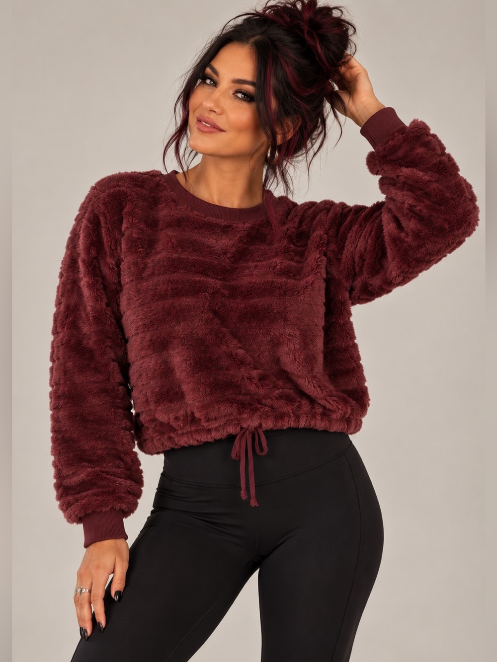 Almost Famous Merlot Fuzzy Plush Pullover Sweatshirt Cropped Large